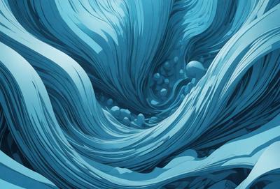 The primary subject of the image is a blue ocean with a wave that appears to be crashing. The setting is underwater, with the wave forming a tunnel-like structure. The visual style is digital art, as the image is a detailed and intricate illustration of the underwater scene. The dominant colors are blue and white, creating a serene and calming atmosphere.
