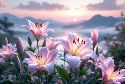 Primary subject: Flowers
Setting/background: A body of water, possibly a lake or a river, with mountains in the background.
Visual style: Digital art
Colors and mood: The flowers are pink and white, creating a serene and peaceful atmosphere.