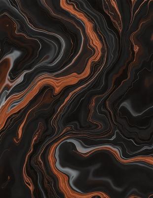 The primary subject of the image is a close-up of a black and orange patterned surface, which appears to be a marbled or textured material. The setting is a dark background, which contrasts with the vibrant colors of the pattern. The visual style is a close-up, which emphasizes the intricate details of the pattern. The colors and mood of the image are predominantly dark and moody, with the orange and black colors creating a striking contrast against the black background.