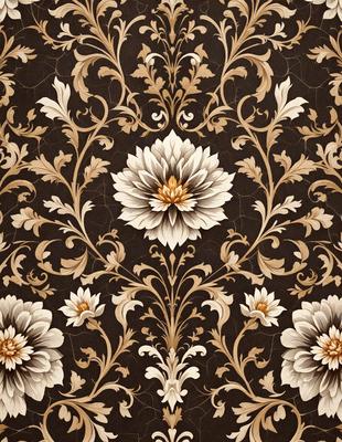 The primary subject of the image is a floral pattern, featuring a large flower in the center surrounded by smaller flowers. The setting is a wall with a brown and gold color scheme. The visual style is a combination of a photo and a digital art, illustration, or drawing. The dominant colors are brown, gold, and white, creating a warm and inviting atmosphere.