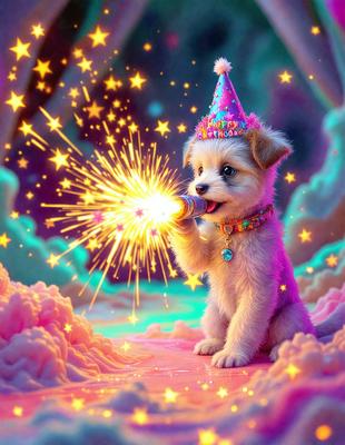 The image features a small dog wearing a birthday hat and holding a sparkler in its mouth. The dog is standing on a pink surface, which adds a vibrant and playful touch to the scene. The visual style of the image is a combination of photo and digital art, creating a unique and lively atmosphere. The dominant colors in the image are pink and purple, which contribute to the festive and joyful mood.