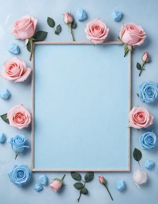 The primary subject of the image is a blue frame with a blank canvas, surrounded by a variety of pink and blue flowers. The setting is a table with a blue background, and the visual style appears to be a combination of a photo and digital art. The colors and mood of the image are predominantly pink and blue, creating a serene and calming atmosphere.