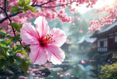 The primary subject of the image is a beautiful pink flower with a white center, which is situated in a serene environment. The flower is located near a body of water, possibly a lake or a pond, and is surrounded by a lush green forest. The visual style of the image is a photo, capturing the natural beauty of the flower and its surroundings. The colors and mood of the image are predominantly pink and green, creating a sense of tranquility and harmony with nature.