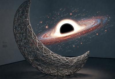 The primary subject of the image is a large, intricate, and artistic representation of a black hole. The setting is a dark background, which contrasts with the black hole's visual effect. The visual style is a combination of digital art and illustration, creating a striking and unique piece of art. The colors and mood are predominantly dark and dramatic, emphasizing the black hole's immense and mysterious nature.