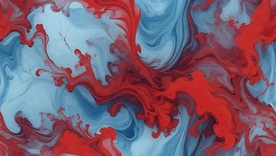 The primary subject of the image is a painting, which features a mix of red, blue, and white colors. The painting is displayed on a blue and red background, creating a striking contrast. The visual style of the painting appears to be a combination of digital art and illustration, giving it a unique and artistic appearance. The dominant colors in the painting are red, blue, and white, creating a vibrant and lively atmosphere.