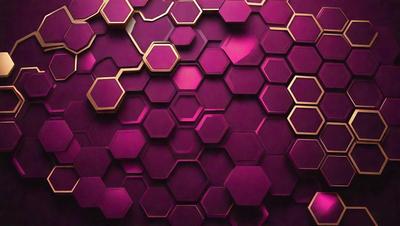 The primary subject of the image is a purple wall with a pattern of hexagons. The setting is a room with a purple wall, and the visual style appears to be a combination of a photo and digital art. The dominant colors are purple and pink, creating a warm and inviting atmosphere.