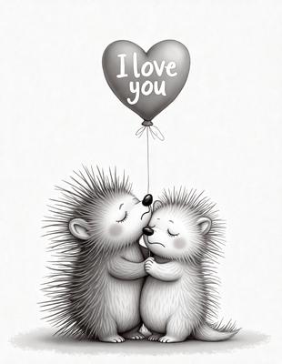 The primary subject of the image is a heart-shaped balloon with a message "I love you" written on it. The balloon is being held by two hedgehogs, who are standing close to each other. The setting is a white background, and the visual style is a digital illustration. The colors are predominantly pink and white, creating a warm and loving atmosphere.