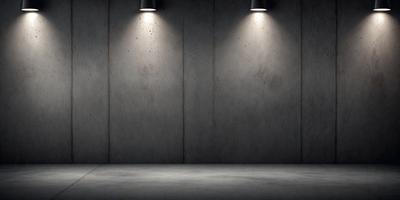 The primary subject of the image is a large, bright light source, which appears to be a light bulb or a spotlight. The light is shining on a cement wall, creating a stark contrast between the light and the dark surface. The setting is a concrete room, and the visual style is a black and white photo. The colors and mood of the image are predominantly dark, with the light source being the only bright element in the scene.