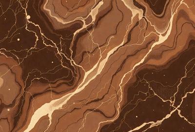 The primary subject of the image is a brown marble-like surface with a pattern of swirls and lines. The setting is a dark background, which contrasts with the marble's texture. The visual style is a combination of digital art and illustration, creating a unique and intricate design. The colors and mood of the image are predominantly dark, with the marble's brown hues and the contrasting dark background creating a moody atmosphere.