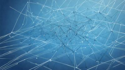 The primary subject of the image is a complex network of interconnected lines, which create a visually intriguing and dynamic pattern. The setting is a blue background, which provides a striking contrast to the lines. The visual style of the image is a combination of digital art and illustration, as it appears to be a digital creation. The colors and mood of the image are predominantly blue, which adds to the overall atmosphere of the piece.