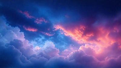The primary subject of the image is a cloudy sky with a pink and blue hue. The setting is a vast expanse of the sky, with no visible land or other objects. The visual style is a natural, outdoor scene, with no indication of digital art or illustration. The colors and mood of the image are serene and calming, with the pink and blue tones creating a sense of tranquility.