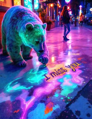 The primary subject of the image is a large, colorful, and creatively drawn message on the ground. The message reads "I miss you," and it is written in a vibrant and eye-catching manner. The setting is a sidewalk, and the visual style appears to be a combination of digital art and illustration. The colors and mood of the image are lively and emotional, as the message is meant to convey a sense of longing or nostalgia.