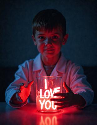 The primary subject of the image is a young boy holding a lit-up heart-shaped sign that says "I love you." The setting is a dark room, and the visual style appears to be a photo. The colors and mood of the image are predominantly red, which creates a warm and affectionate atmosphere.