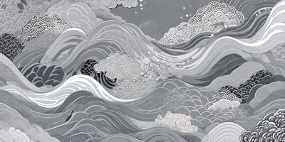 The primary subject of the image is a large wave with a cloudy sky in the background. The wave is depicted in a detailed and intricate manner, showcasing its power and beauty. The setting is a vast ocean, and the visual style is a combination of digital art and illustration. The colors and mood of the image are predominantly dark and dramatic, with the cloudy sky adding to the overall atmosphere.