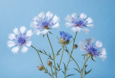The primary subject of the image is a bouquet of flowers, which are white and blue in color. The flowers are arranged in a vase, and they are placed against a blue background. The visual style of the image is a close-up of the flowers, showcasing their details and beauty. The colors and mood of the image are serene and calming, as the blue flowers create a peaceful and soothing atmosphere.