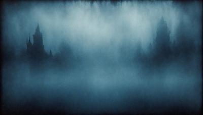 The primary subject of the image is a large body of water, possibly a lake or a river, with a misty, blue-green atmosphere. The setting is a forest, with trees visible in the background. The visual style of the image is a combination of a photo and a drawing, creating a unique and artistic representation of the scene. The colors and mood of the image are predominantly blue and green, with a sense of tranquility and serenity.