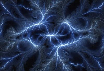 The primary subject of the image is a blue lightning bolt, which is the main object, scene, or focus of the image. The setting or background features a dark blue sky, which adds to the overall atmosphere. The visual style of the image is digital art, as it appears to be a digital illustration or drawing. The dominant colors in the image are blue and white, creating a sense of energy and movement.