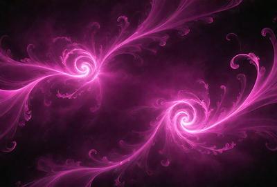 The primary subject of the image is a pair of swirling, pink, and purple designs. These designs are set against a dark background, creating a striking contrast. The visual style of the image is a combination of digital art and illustration, with the swirling patterns resembling a flowing waterfall. The colors and mood of the image are predominantly pink and purple, giving it a vibrant and lively atmosphere.