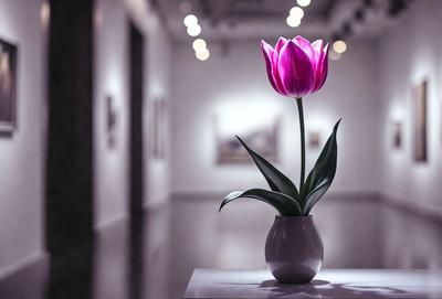The primary subject of the image is a single pink flower in a vase. The setting is a room with a white wall, and the visual style appears to be a photo. The dominant colors in the image are pink and white, creating a calm and serene atmosphere.