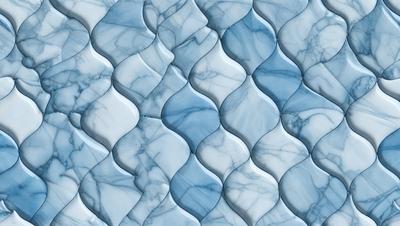 The primary subject of the image is a blue and white marble wall. The setting is a room with a blue and white marble wall as the main focus. The visual style is a close-up of the marble wall, showcasing its intricate design. The colors and mood of the image are predominantly blue and white, creating a clean and elegant atmosphere.