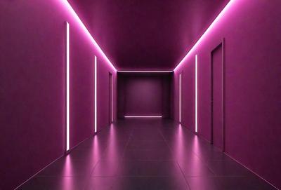 The primary subject of the image is a hallway with a purple color scheme. The setting is a room with a purple wall and a purple floor. The visual style is a photo, and the colors and mood create a unique and striking atmosphere.