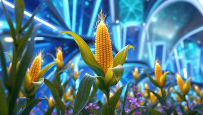 The primary subject of the image is a large, yellow corn plant with a single ear of corn growing on top of it. The plant is surrounded by a field of other corn plants, creating a lush and vibrant scene. The setting appears to be a field with a blue background, which adds to the overall atmosphere of the image. The visual style of the image is a combination of photo and digital art, giving it a unique and eye-catching appearance. The dominant colors in the image are yellow and blue, which contribute to the