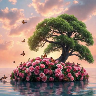 The primary subject of the image is a tree with a large number of pink flowers on it. The tree is situated in a body of water, which serves as the setting for the scene. The visual style of the image is a combination of photo and digital art, creating a vibrant and lively atmosphere. The dominant colors in the image are pink and green, with the pink flowers being the most prominent feature.