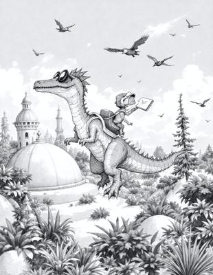 Primary subject: Dinosaur with a person riding on its back.
Setting/background: A forest with trees and a building in the background.
Visual style: Digital art.
Colors and mood: The image is in black and white, giving it a classic and timeless feel.