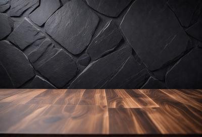 The primary subject of the image is a wooden table with a black stone wall behind it. The setting is a room with a stone wall, and the visual style is a photo. The dominant colors are black and brown, creating a moody atmosphere.