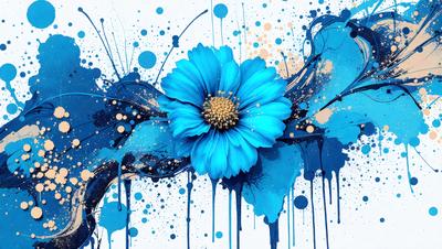 The primary subject of the image is a blue flower, which is the focal point of the scene. The setting is a background featuring a blue and white color scheme, which creates a vibrant and lively atmosphere. The visual style of the image is a combination of digital art and illustration, giving it a unique and artistic appearance. The dominant colors in the image are blue and white, which contribute to the overall mood of the scene.