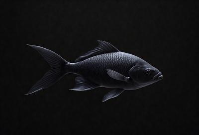 The primary subject of the image is a large black fish with a long tail. The fish is prominently displayed in the foreground, occupying a significant portion of the image. The setting is a dark background, which contrasts with the fish's black color and adds a dramatic effect to the scene. The visual style of the image is a combination of photo and digital art, creating a realistic yet artistic representation of the fish. The overall atmosphere of the image is mysterious and captivating, with the fish seemingly
