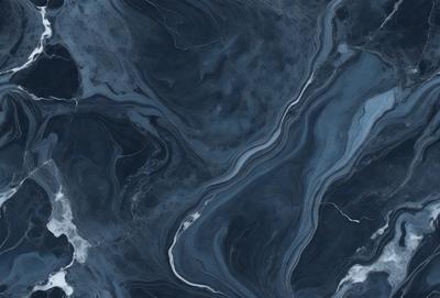 The primary subject of the image is a blue marble tile with a pattern of swirls and waves. The setting is a bathroom, as indicated by the presence of a sink. The visual style is a close-up of the tile, showcasing its intricate design. The dominant colors are blue and gray, creating a calm and soothing atmosphere.