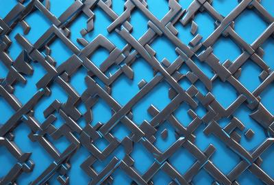 The primary subject of the image is a patterned metal surface, which appears to be a wall or a piece of artwork. The setting is a blue background, which complements the metal surface. The visual style is a combination of a photo and digital art, as the metal surface is depicted in a detailed and intricate manner. The colors and mood of the image are predominantly blue, creating a calm and serene atmosphere.