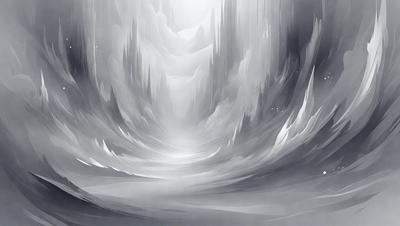 The primary subject of the image is a large, white, and gray mountain range. The setting is a snowy, mountainous landscape, with the mountains extending into the distance. The visual style is a digital art or illustration, creating a dramatic and captivating scene. The dominant colors are white and gray, giving the image a serene and majestic atmosphere.