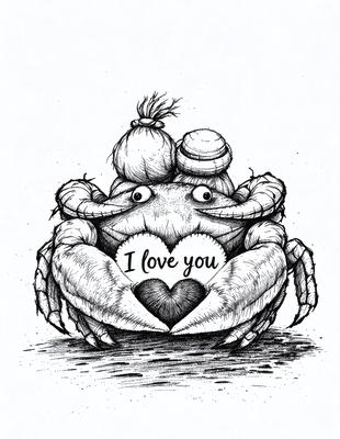 The primary subject of the image is a crab, which is holding a heart in its claws. The setting is a white background, and the visual style is a hand-drawn illustration. The colors are predominantly shades of brown and white, giving the image a warm and cozy atmosphere.