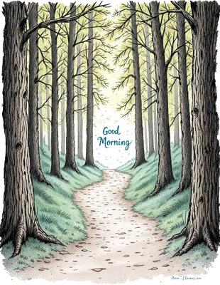 The primary subject of the image is a pathway through a forest. The setting is a lush green forest with trees surrounding the path. The visual style is a combination of digital art and illustration, creating a serene and natural atmosphere. The colors are predominantly green, with some brown and yellow accents, reflecting the natural environment.