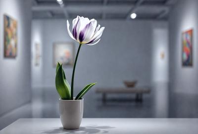 The primary subject of the image is a white vase filled with a single purple flower. The vase is placed on a white table, which serves as the setting for the scene. The visual style of the image is a photo, capturing the beauty of the flower in its vase. The dominant colors in the image are white and purple, creating a serene and elegant atmosphere.