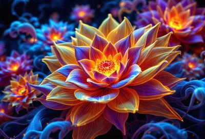 The primary subject of the image is a large, colorful flower with a yellow center. The flower is surrounded by a vibrant blue background, which adds to the overall visual appeal of the scene. The image appears to be a digital art or illustration, showcasing the intricate details of the flower and its surroundings. The dominant colors in the image are blue and yellow, creating a lively and cheerful atmosphere.