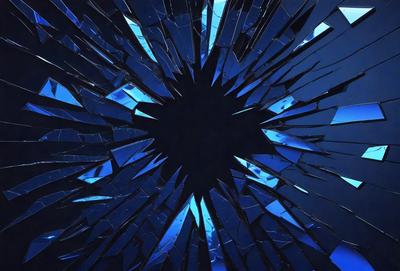 The primary subject of the image is a blue circle with a black center, which appears to be a broken glass or a shattered mirror. The setting is a dark background, and the visual style is a close-up of the broken glass or mirror. The colors and mood of the image are predominantly dark and moody, with the blue circle and black center standing out against the dark background.