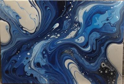 The primary subject of the image is a blue and white painting featuring a swirling, abstract design. The setting is a white background, and the visual style appears to be a combination of digital art and illustration. The dominant colors in the painting are blue and white, creating a calming and serene atmosphere.