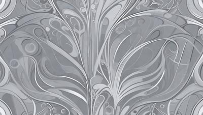The primary subject of the image is a large, intricate, and decorative metal design. The setting is a gray background, which contrasts with the silver metal design. The visual style is a combination of digital art and illustration, creating a unique and artistic appearance. The colors and mood of the image are predominantly silver and gray, giving it a modern and sophisticated feel.