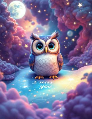 Primary subject: Owl
Setting/background: Pink clouds
Visual style: Digital art
Colors and mood: Pink, blue, and purple