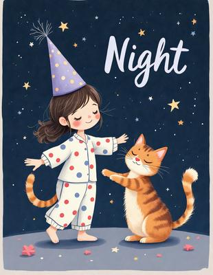 The image features a little girl wearing a polka dot pajama set, standing next to a cat. The girl is wearing a birthday hat, and the cat appears to be sleeping. The scene takes place at night, with the girl and the cat being the primary subjects. The visual style of the image is a combination of digital art and illustration, creating a whimsical and playful atmosphere. The dominant colors in the image are black, white, and red, which contribute to the nighttime setting and the girl