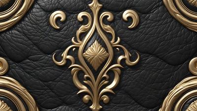 The primary subject of the image is a decorative piece featuring a gold design with a black background. The setting is a leather surface, and the visual style appears to be a combination of digital art and illustration. The dominant colors are gold and black, creating a sophisticated and elegant atmosphere.