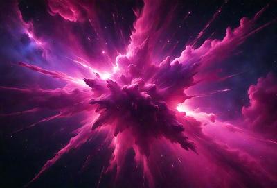 The primary subject of the image is a large, pink, swirling cloud. The cloud is surrounded by a purple background, which adds to the overall atmosphere of the scene. The visual style of the image is digital art, as it appears to be a computer-generated or manipulated image. The dominant colors in the image are pink and purple, creating a vibrant and dynamic scene.