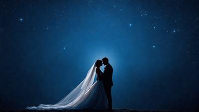 The primary subject of the image is a bride and groom, who are dressed in wedding attire and standing together. They are posing for a picture on a beach, with the ocean in the background. The visual style of the image is a photo, capturing the couple's special moment. The colors and mood of the image are warm and romantic, as the couple embraces each other under the night sky.
