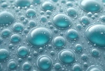 The primary subject of the image is a close-up of a blue, bubbly surface, possibly a water surface or a blue-tinted background. The setting appears to be a dark blue background, which contrasts with the blue bubbles. The visual style of the image is a close-up, focusing on the details of the bubbles. The colors and mood of the image are predominantly blue, creating a calm and serene atmosphere.