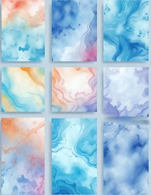 The primary subject of the image is a collection of six different paintings or artworks, each featuring a unique design and color scheme. The setting is a wall or display area, showcasing the artworks. The visual style appears to be a mix of digital art and traditional painting techniques. The colors and mood of the artworks vary, with some featuring vibrant hues and others having a more subdued tone. Overall, the image presents a diverse and visually appealing display of art.