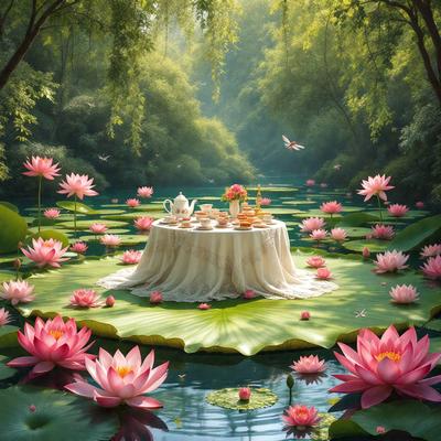 The primary subject of the image is a table set with tea cups, cakes, and flowers. The table is placed on a lily pad in a pond, surrounded by a beautiful and serene environment. The visual style of the image is a combination of photo and digital art, creating a realistic yet artistic representation of the scene. The colors and mood of the image are predominantly pink and green, reflecting the natural beauty of the flowers and the calming atmosphere of the pond.