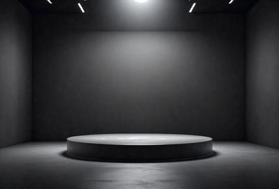 The primary subject of the image is a large, round, white object, possibly a light or a sculpture, placed in a dark room. The setting is a black room with a single light source shining on the round object, creating a dramatic and moody atmosphere. The visual style of the image is a close-up of the round object, emphasizing its shape and texture. The colors and mood of the image are predominantly dark, with the round object being the only light source, giving the scene a mysterious and